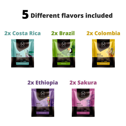 Mondo Drip Coffee Mix Single Serve Pour Over Filter Bag Medium Roast 100% Arabica Shipping E-commerce Gift Set Variety Set